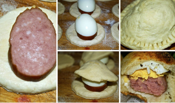 Пирожки с яйцом и колбасой из дрожжевого слоеного теста — вкусный рецепт